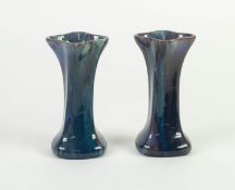PAIR OF PILKINGTONS BLUE VEINED OPALESCENT GLAZED POTTERY VASES, each of square, twisted form with
