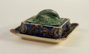 VICTORIAN STAFFORDSHIRE MAJOLICA SARDINE DISH WITH REMOVABLE COVER, moulded with fish, one forming a