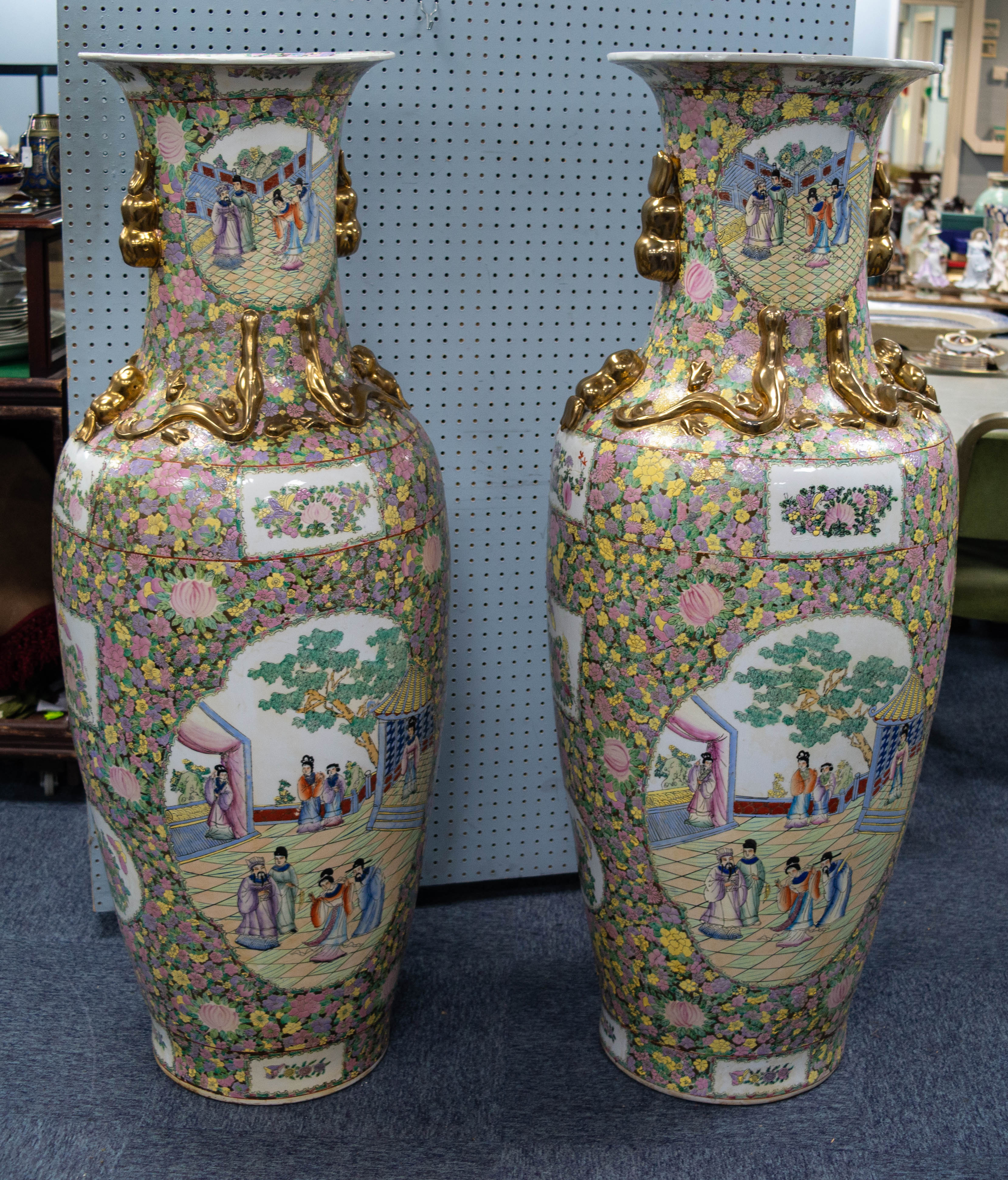 NEAR PAIR OF MODERN CHINESE PROCELANEOUS FLOOR STANDING VASES, profusely decorated autour with