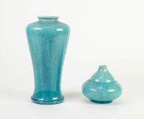 TWO PILKINGTONS PALE BLUE AND PURPLE VEINED OPALESCENT POTTERY VASE, one of slender ovoid form, 9 ½?