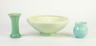 THREE PIECES OF ROYAL LANCASTRIAN POTTERY, comprising: PALE GREEN BOWL THROWN BY RADFORD, (shape no: