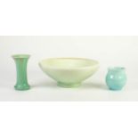 THREE PIECES OF ROYAL LANCASTRIAN POTTERY, comprising: PALE GREEN BOWL THROWN BY RADFORD, (shape no: