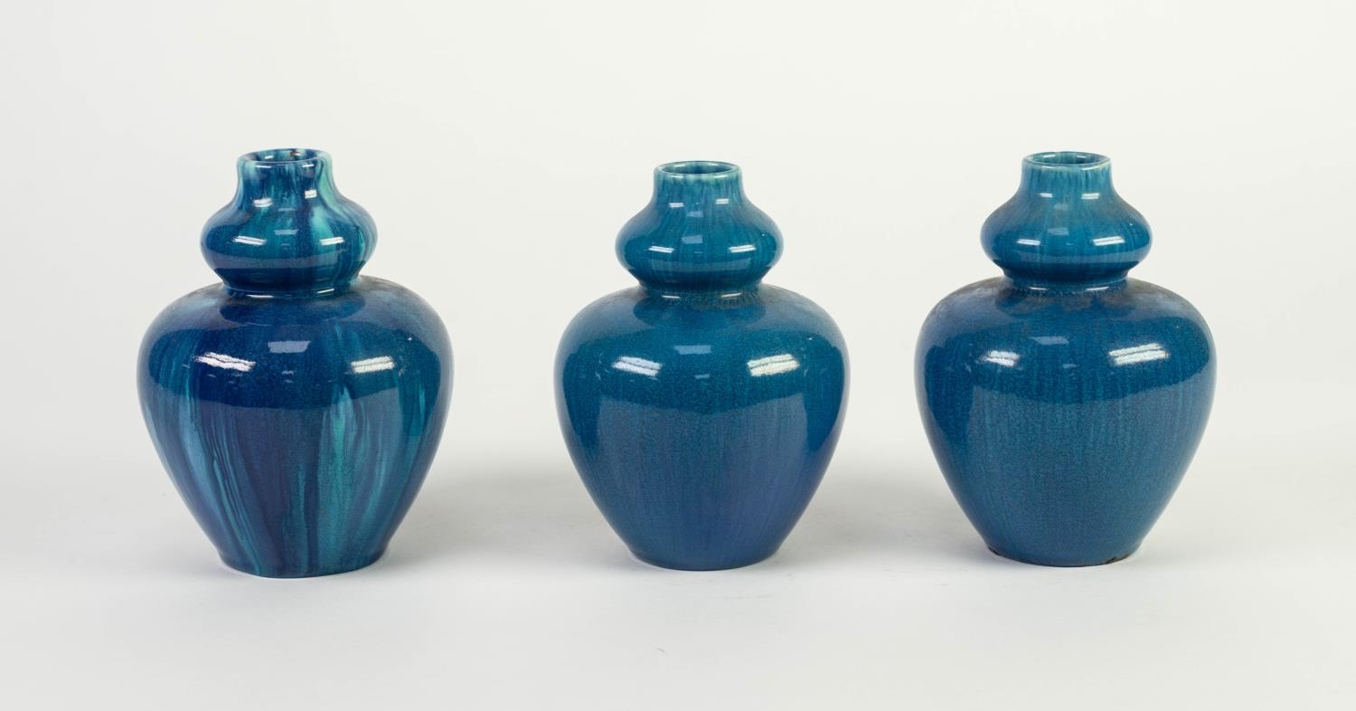 EARLY PAIR OF PILKINGTONS BLUE VEINED OPALESCENT POTTERY VASES, of ovoid form with onion type