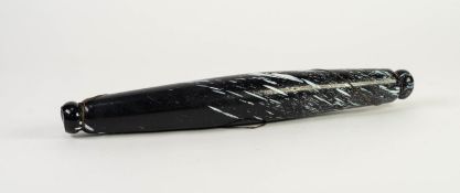 NINETEENTH CENTURY END OF DAY BLACK AND WHITE GLASS ROLLING PIN, 14 ½? (36.8cm) long