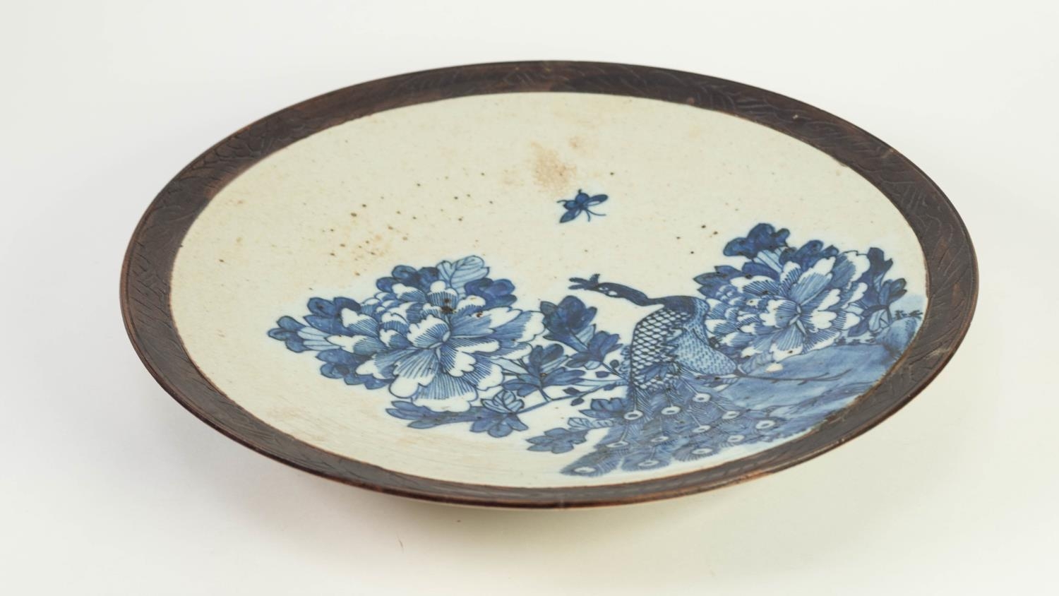 NINETEENTH CENTURY CHINESE BLUE AND WHITE POTTERY WALL PLAQUE WIT MANGANESE BORDER, of typical form, - Image 4 of 4