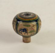 CHINESE QING DYNASTY PORCELANEOUS ORBICULAR KNOB OR FINIAL, incised and enamelled with four panels