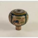 CHINESE QING DYNASTY PORCELANEOUS ORBICULAR KNOB OR FINIAL, incised and enamelled with four panels