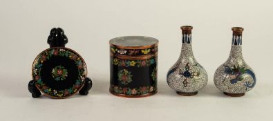 FOUR SMALL PIECES OF CLOISONNÉ?, comprising: PAIR OF BOTTLE VASES, decorated with dragons and