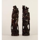 PAIR OF CHINESE LATE QING DYNASTY CARVED AND WIRE INLAID WOODEN IMMORTAL FIGURES, 11 1/2in (29cm)