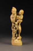 JAPANESE MEIJI PERIOD ONE PIECE CARVED IVORY OKIMONO OF A MAN, CARRYING A CHILD AND A BASKET OF