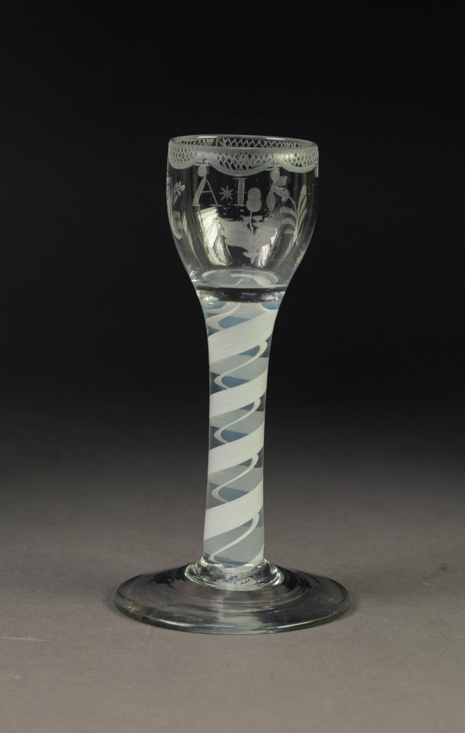 OPAQUE TWIST WINE GLASS, the funnel shaped bowl wheel cut with the initials I A and floral sprigs, - Image 2 of 2