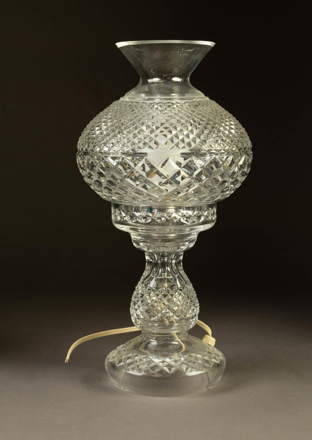 WATERFORD CUT GLASS TABLE LAMP AND SHADE, of baluster form, the shade of compressed form with