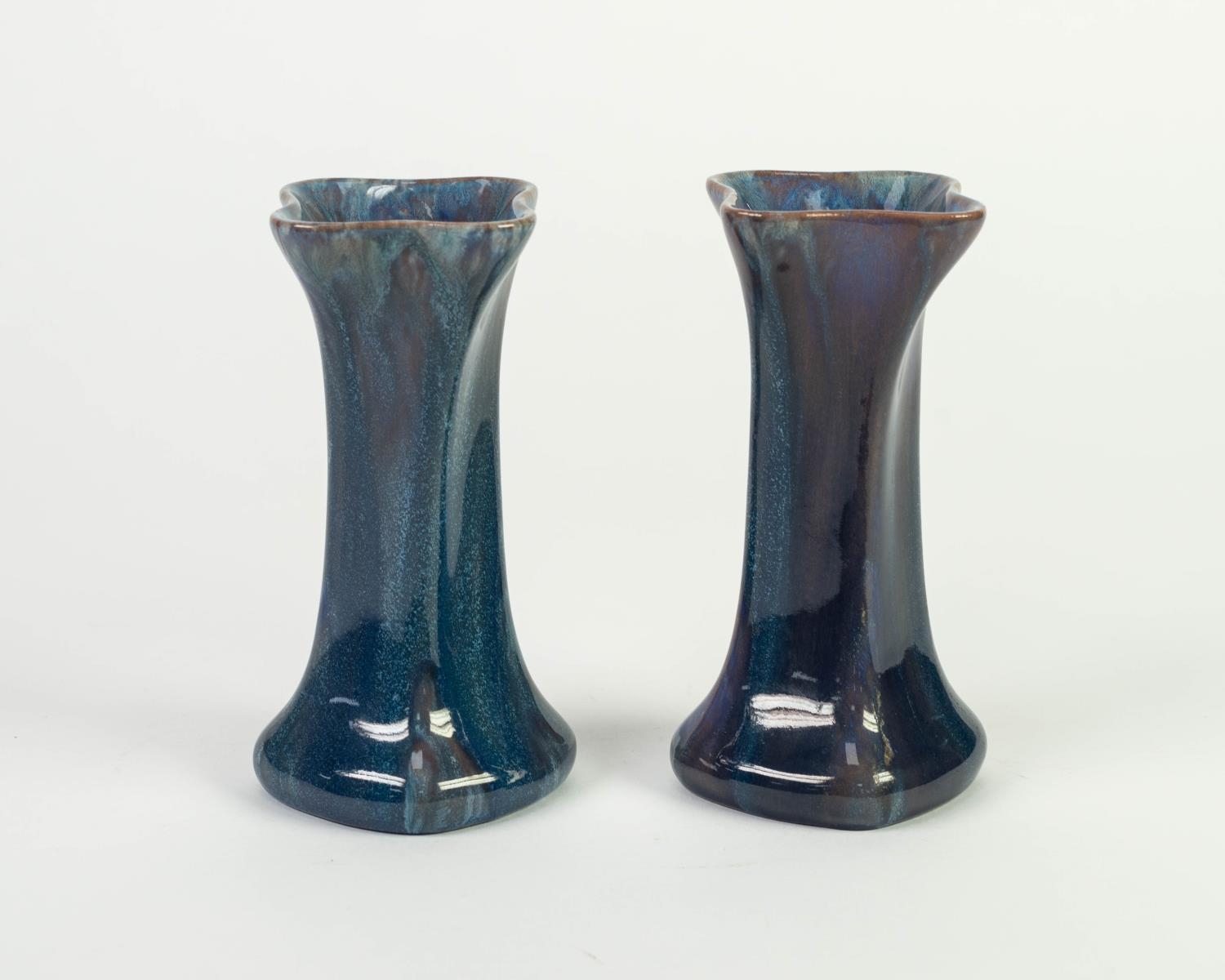 PAIR OF PILKINGTONS BLUE VEINED OPALESCENT GLAZED POTTERY VASES, each of square, twisted form with - Image 2 of 3