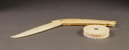 TWO PIECES OF CARVED IVORY, comprising: a DISC SHAPED SHALLOW BOX AND COVER with screw thread