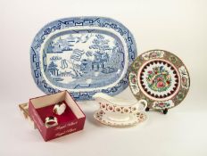 NINETEENTH CENTURY BLUE AND WHITE WILLOW PATTERN POTTERY MEAT PLATE, of typical form, 17 ¾? x 14? (