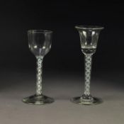 TWO OPAQUE TWIST WINE GLASSES, with multi- ply threads, one with bell shaped bowl and plain foot, 6?