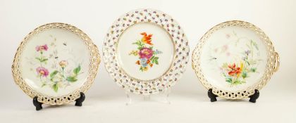 PAIR OF CONTINENTAL PORCELAIN TWO HANDLED PORCELAIN DESSERT BASKETS, each of circular form with gilt