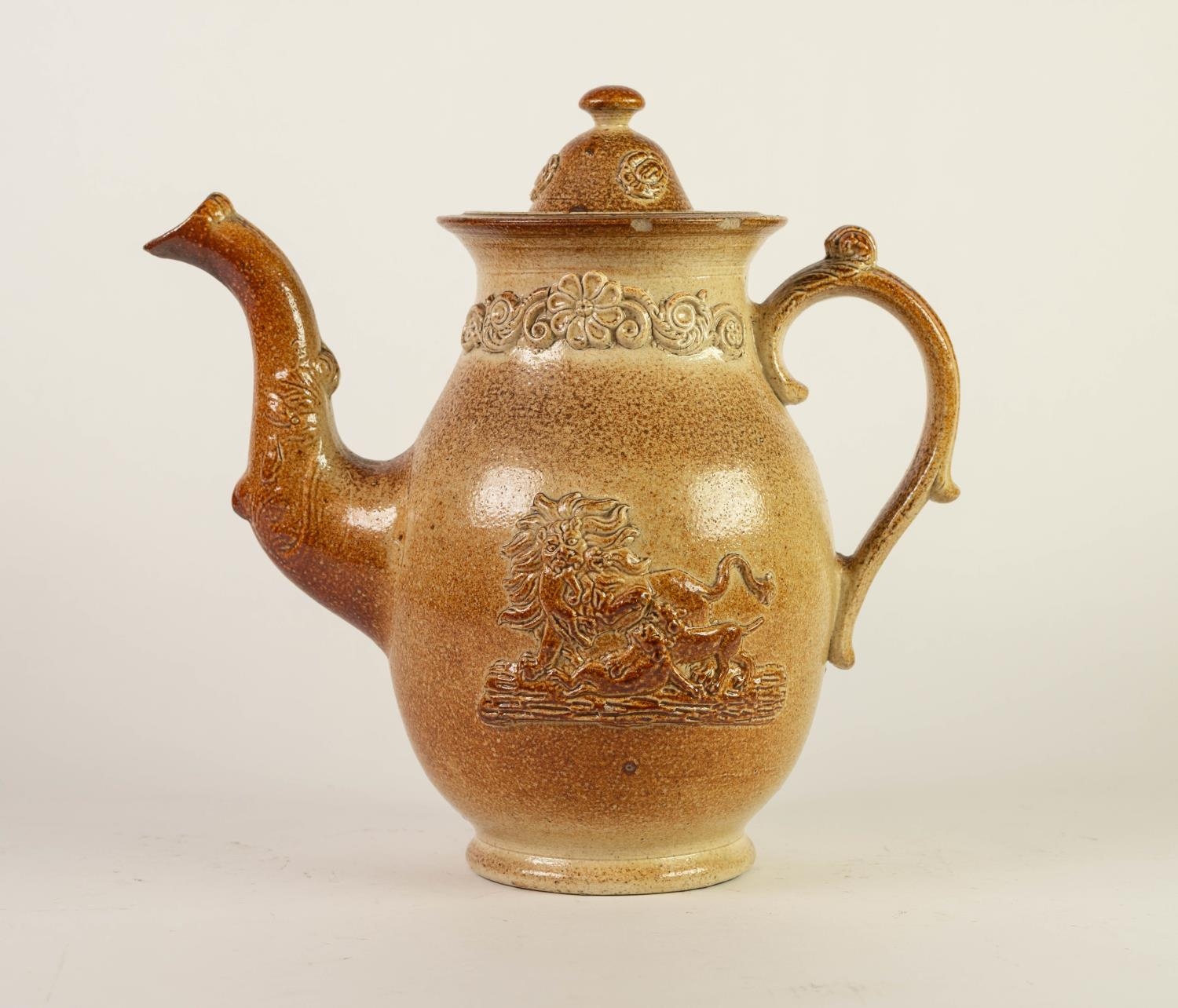 NINETEENTH CENTURY SALT GLAZED AND MOULDED POTTERY TEAPOT AND COVER, of footed, baluster form with