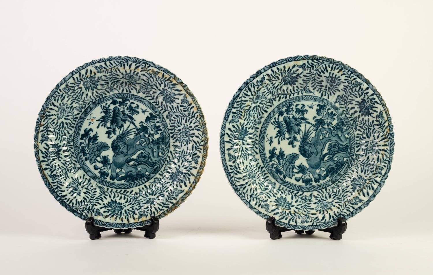 PAIR OF MODERN ORIENTAL PORCELAIN SHALLOW DISHES, transfer printed in blue, 8 3/4in (22.5cm)