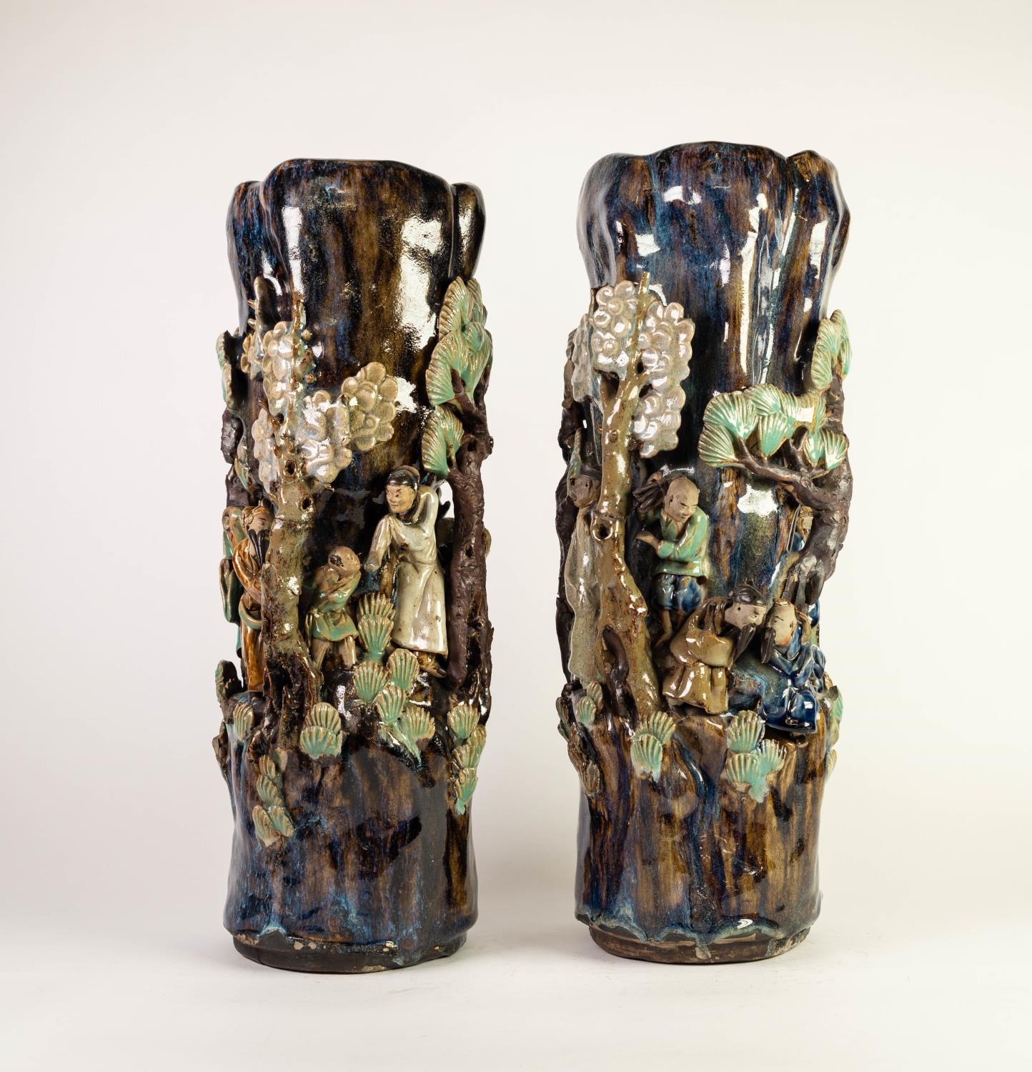 PAIR OF CHINESE LATE QING DYNASTY PROVINCIAL WARE STONEWARE CYLINDRICAL VASES, each sculpted in bold - Image 4 of 4