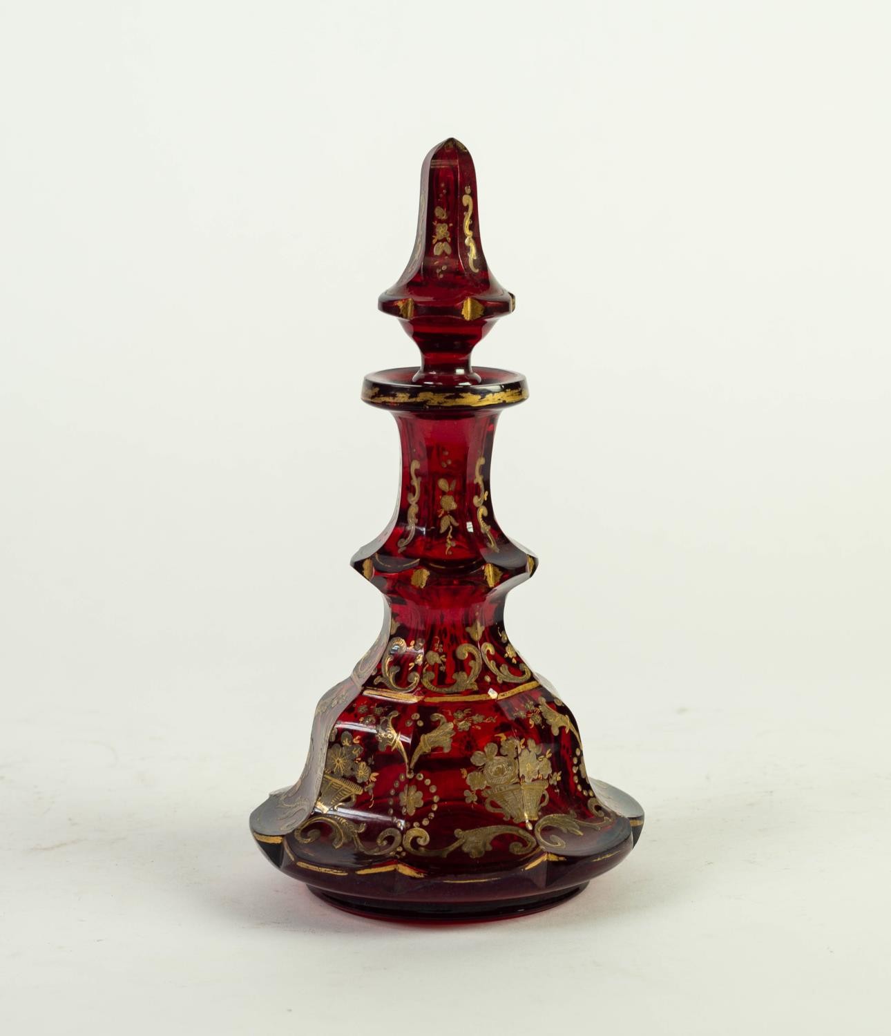 NINETEENTH CENTURY BOHEMIAN RUBY GLASS AND GILT DECANTER AND STOPPER, of tiered, lobated form with - Image 2 of 2