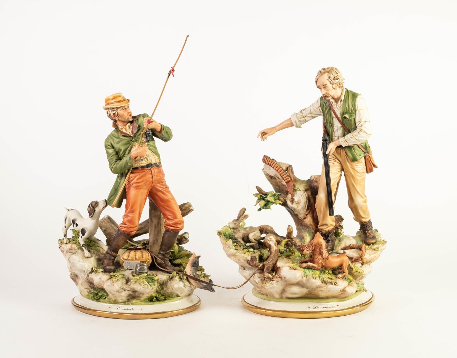 TWO CAPO DIMONTE PORCELAIN GROUPS, comprising: ?LA SORPRESA?, modelled as an aged huntsman with