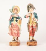 PAIR OF CIRCA 1900 FAIENCE MALE AND FEMALE FIGURES, both in 18th Centuiry costume, he taking snuff