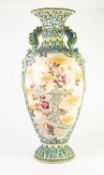 TALL EARLY 20th CENTURY JAPANESE EARTHENWARE VASE with chimera-headed ringed tassel handles, all