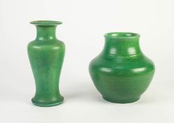 TWO PIECES OF ROYAL LANCASTRIAN MOTTLED GREEN MATT GLAZED VASES, one of baluster form, potted by