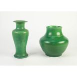 TWO PIECES OF ROYAL LANCASTRIAN MOTTLED GREEN MATT GLAZED VASES, one of baluster form, potted by