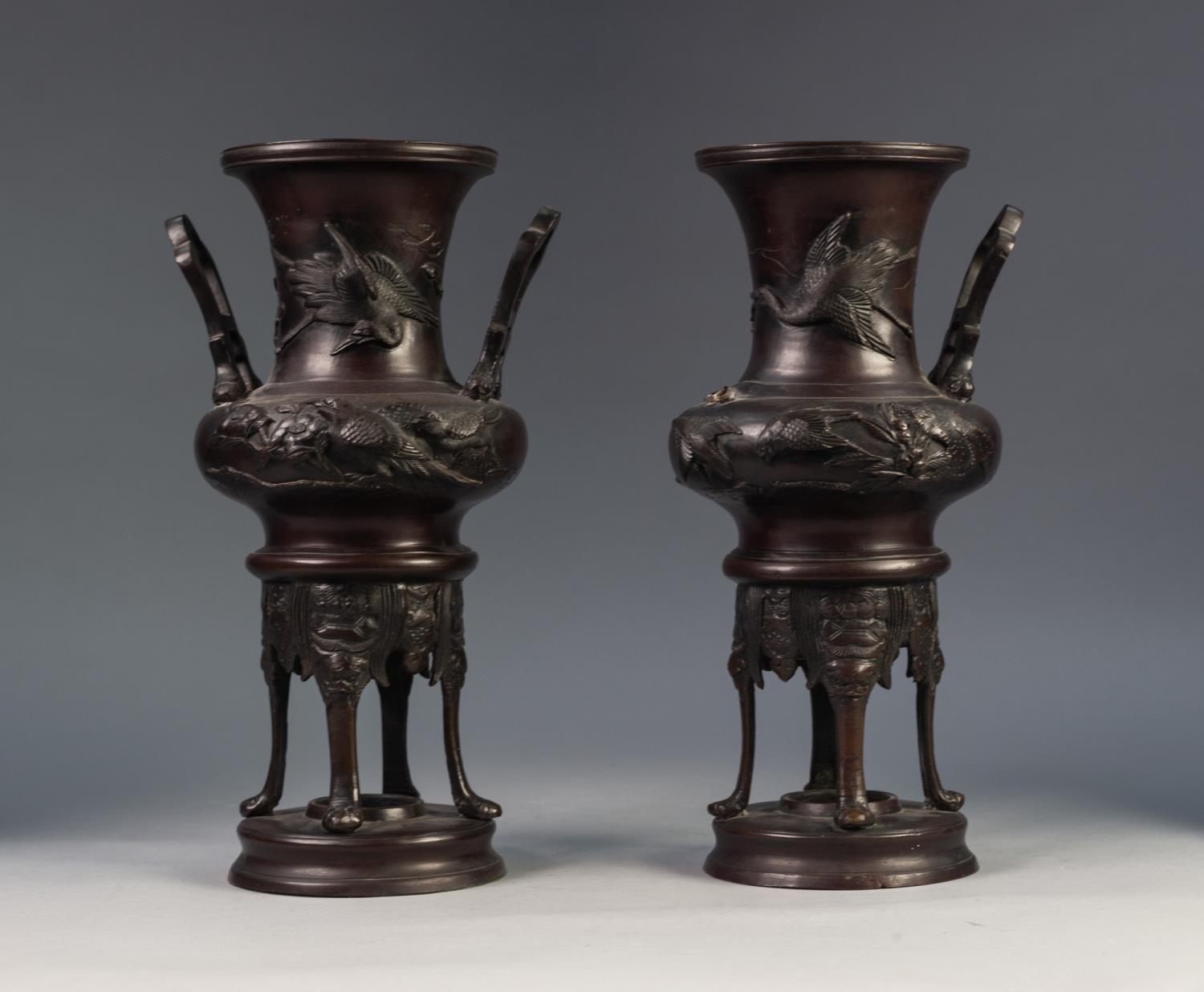 PAIR OF JAPANESE LATE MEIJI PERIOD TWO HANDLED PATINATED SPELTER VASES OR KOROS, each of campana - Image 2 of 3