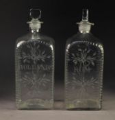 PAIR OF GEORGIAN SQUARE SECTION ENGRAVE GLASS DECANTER AND STOPPERS, ?RUM? and ?HOLLAND?, each wheel