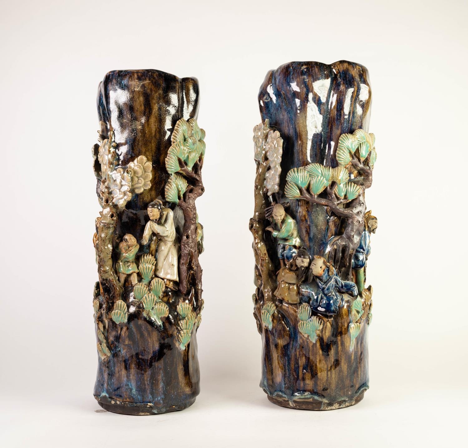 PAIR OF CHINESE LATE QING DYNASTY PROVINCIAL WARE STONEWARE CYLINDRICAL VASES, each sculpted in bold
