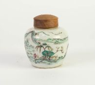 CHINESE QING DYNASTY PORCELAIN GINGER JAR with replaced wooden cover, painted in overglaze