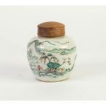 CHINESE QING DYNASTY PORCELAIN GINGER JAR with replaced wooden cover, painted in overglaze