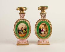 PAIR OF LATE 19th CENTURY CONTINENTAL PORCELAIN OVAL FLASK SHAPE BOTTLES AND SCROLLED CAPITAL