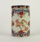 EIGHTEENTH CENTURY CONTINENTAL ?IMARI? DELFT POTTERY JAR AND COVER, of cylindrical form with
