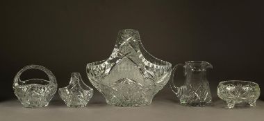 MODERN CUT GLASS BASKET, 9? (22.9cm) high, together with FOUR SIMILAR BUT SMALLER PIECES, all