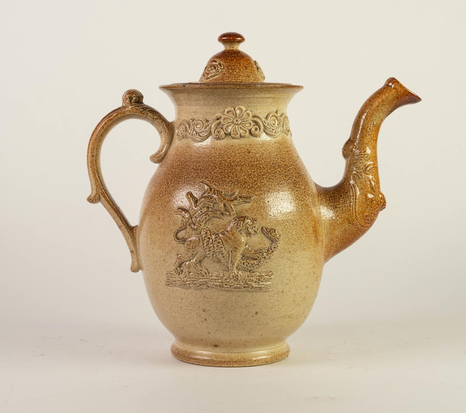 NINETEENTH CENTURY SALT GLAZED AND MOULDED POTTERY TEAPOT AND COVER, of footed, baluster form with - Image 2 of 3