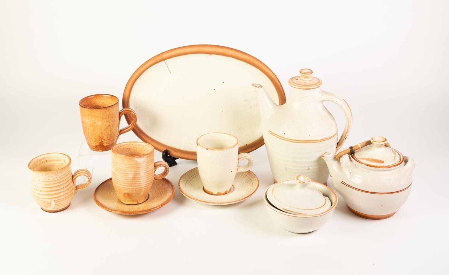 TEN PIECES OF DAVID LEACH STYLE POTTERY WITH THICK WHITE GLAZE, comprising: TEA KETTLE, COFFEE