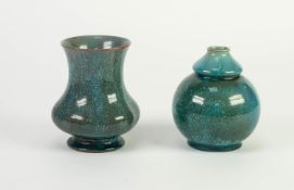 TWO PILKINGTONS BLUE CURDLED OPALESCENT GLAZED SMALL POTTERY VASES, one orbicular with compressed