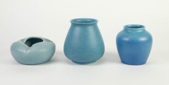 THREE PIECES OF ROYAL LANCASTRIAN MOTTLED BLUE GLAZED POTTERY, comprising: OVOID VASE, 4 ¼? (10.8cm)