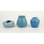 THREE PIECES OF ROYAL LANCASTRIAN MOTTLED BLUE GLAZED POTTERY, comprising: OVOID VASE, 4 ¼? (10.8cm)