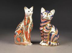 TWO MODERN ROYAL CROWN DERBY IMARI CHINA PAPERWEIGHTS OF CATS, both with gilt stoppers, printed