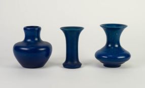 THREE ROYAL LANCASTRIAN KINGFISHER BLUE GLAZED SMALL POTTERY VASES, comprising: one of compressed
