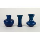 THREE ROYAL LANCASTRIAN KINGFISHER BLUE GLAZED SMALL POTTERY VASES, comprising: one of compressed