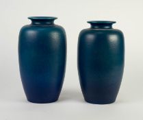 SLIGHTLY GRADUATED PAIR OF ROYAL LANCASTRIAN KINGFISHER BLUE GLAZED POTTERY VASES, each of ovoid