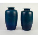 SLIGHTLY GRADUATED PAIR OF ROYAL LANCASTRIAN KINGFISHER BLUE GLAZED POTTERY VASES, each of ovoid