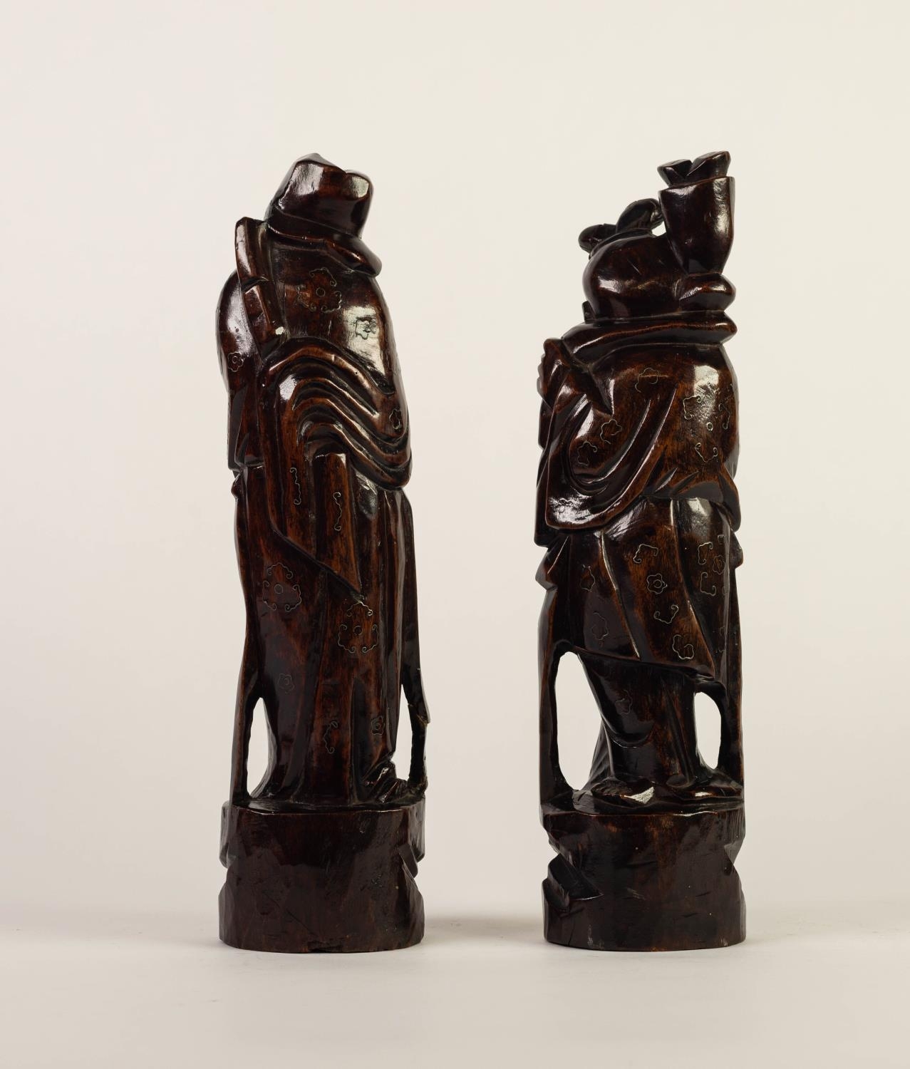 PAIR OF CHINESE LATE QING DYNASTY CARVED AND WIRE INLAID WOODEN IMMORTAL FIGURES, 11 1/2in (29cm) - Image 2 of 2