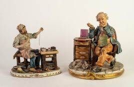 TWO CAPODIMONTE PORCELAIN FIGURES, ONE OF A COIN COLLECTOR, painted in colours and modelled seated